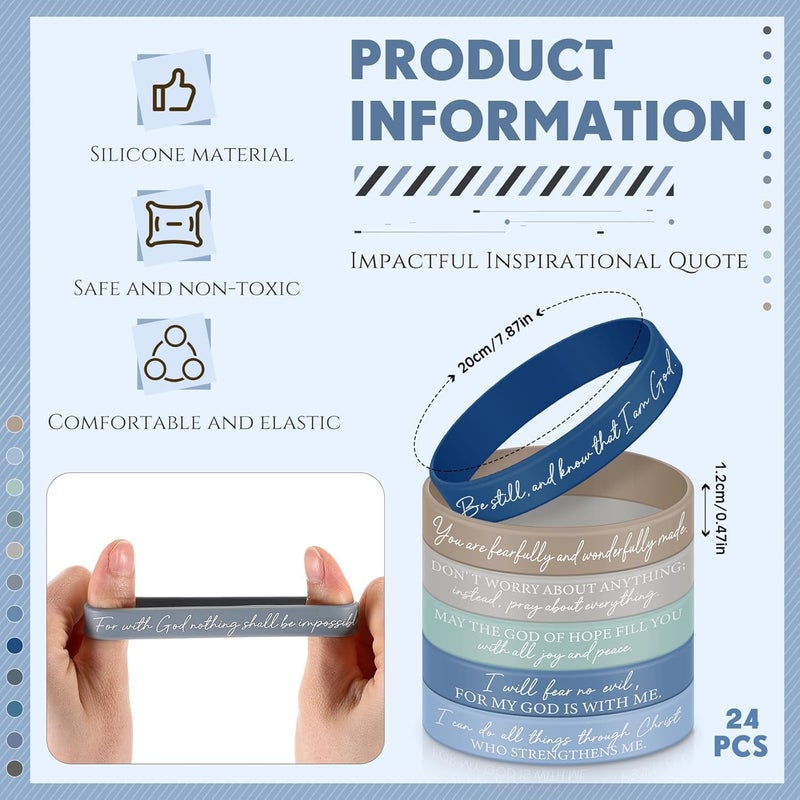 Ecation 24 Pcs Bible Verses Bracelets Bulk Scripture Silicone Wristbands Inspirational Motivational Quote Rubber Wristbands Christian Bracelets for Women Men Easter Party Favors (Blue Gray) - Image 4