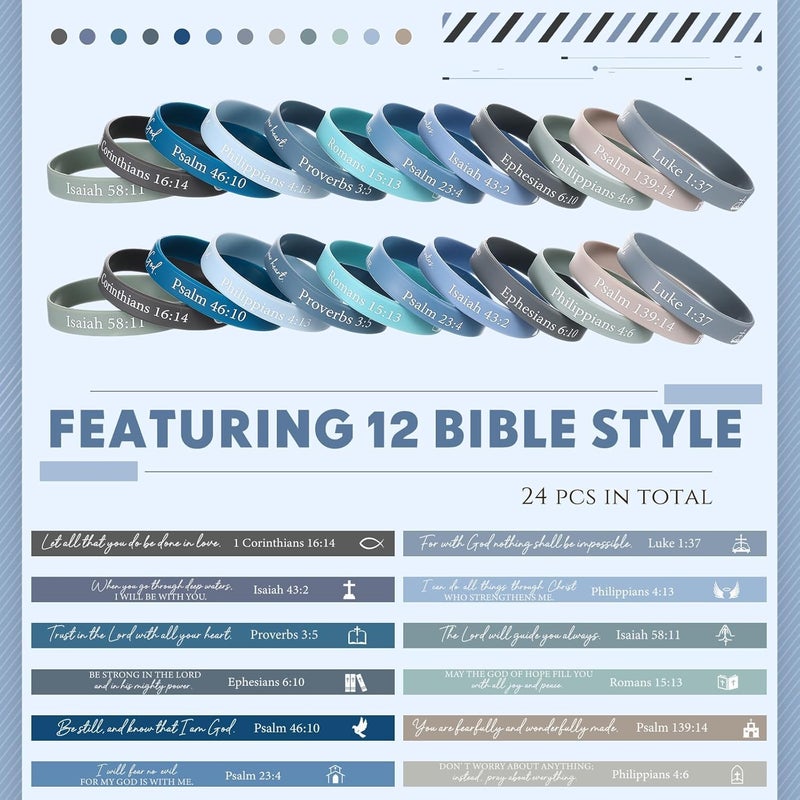 Ecation 24 Pcs Bible Verses Bracelets Bulk Scripture Silicone Wristbands Inspirational Motivational Quote Rubber Wristbands Christian Bracelets for Women Men Easter Party Favors (Blue Gray) - Image 2