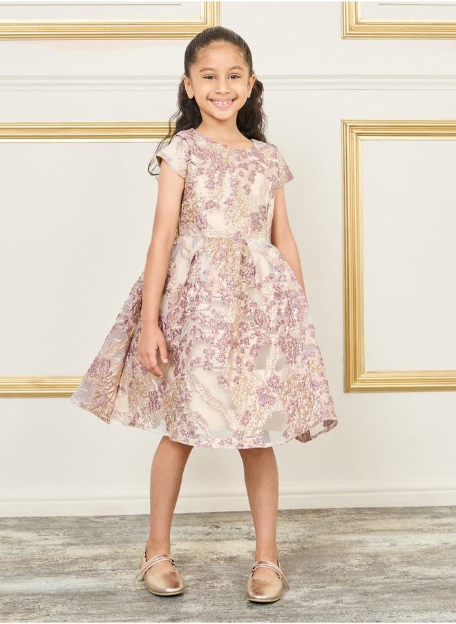 Styli Jacquard Detail A-Line Dress with Short Sleeves  - Image 1