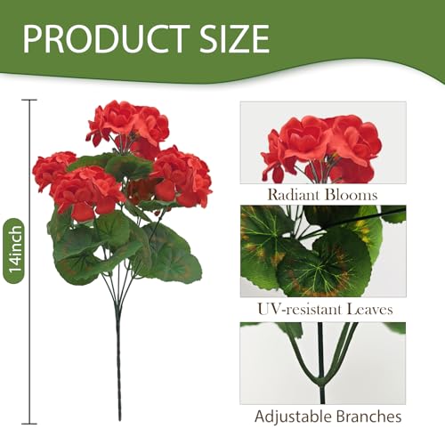 Cherica Fake Outdoor Flowers Artificial Flowers For Outdoors Red Artificial Geraniums Plastic Flowers Fake Plant For Outside Silk Faux Flowers For Outdoor Planters UV Resistant For Front Porch4 Pcs - Image 3