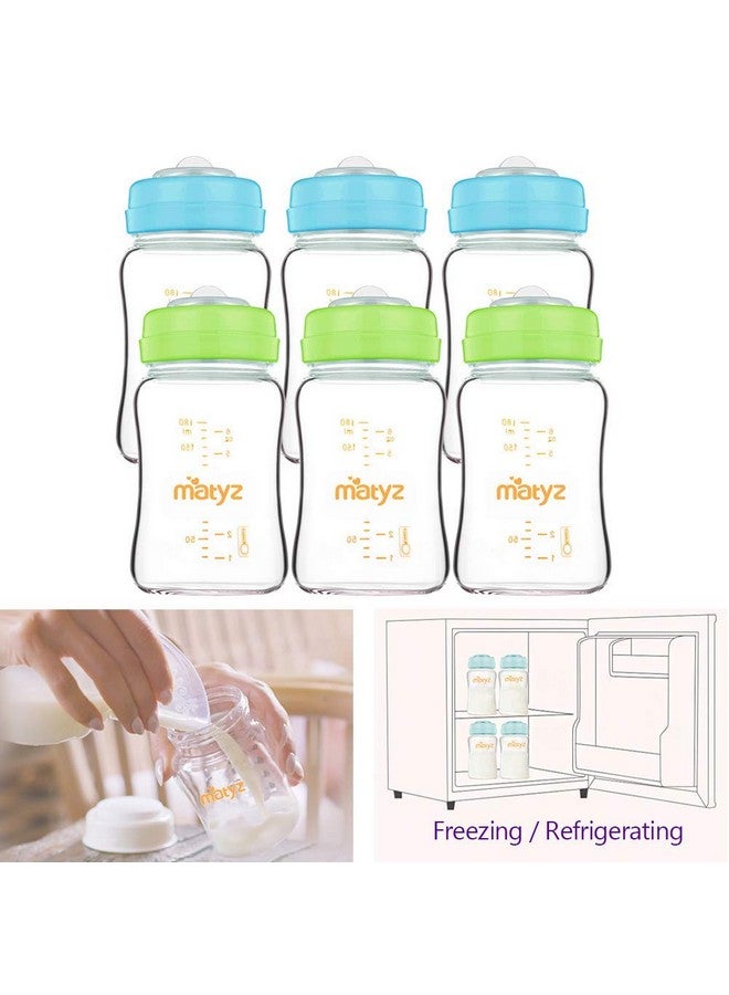 Matyz Glass Breastmilk Storage Bottles 6 Pack 6 Oz Sturdy Glass Bottle For Milk Freezing And Baby Feeding Pumping Bottle For Philips Medela Spectra Breast Pumps Bpa Free (3 Green & 3 Blue Lids) - Image 3