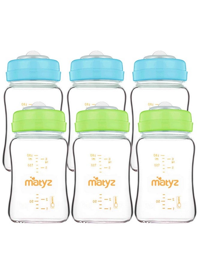 Matyz Glass Breastmilk Storage Bottles 6 Pack 6 Oz Sturdy Glass Bottle For Milk Freezing And Baby Feeding Pumping Bottle For Philips Medela Spectra Breast Pumps Bpa Free (3 Green & 3 Blue Lids) - Image 1