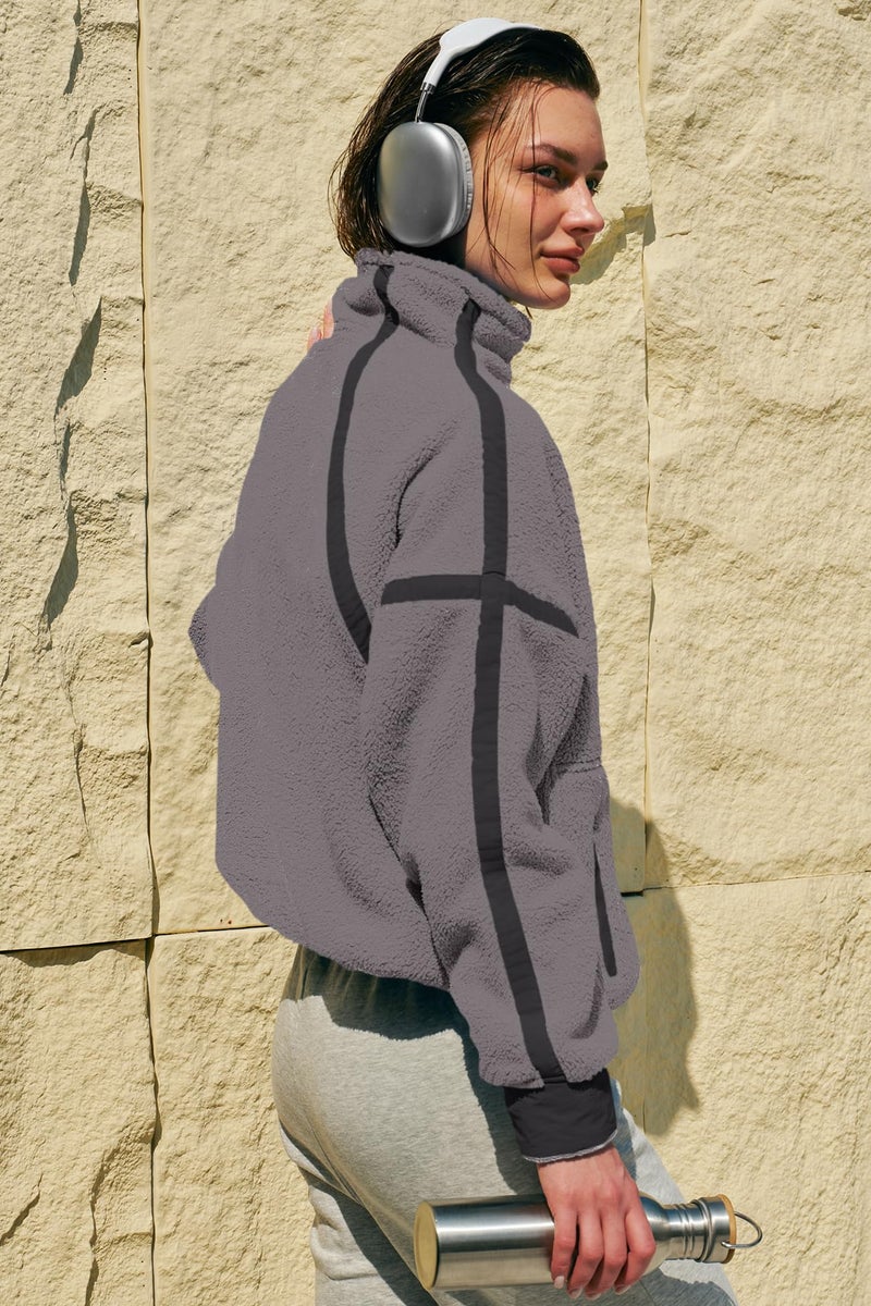 Panadila Womens Half Zip Fleece Pullover Sherpa Jacket Fuzzy Sweater Cozy Sweatshirt with Pockets Winter (Dark Grey,XL) - Image 5