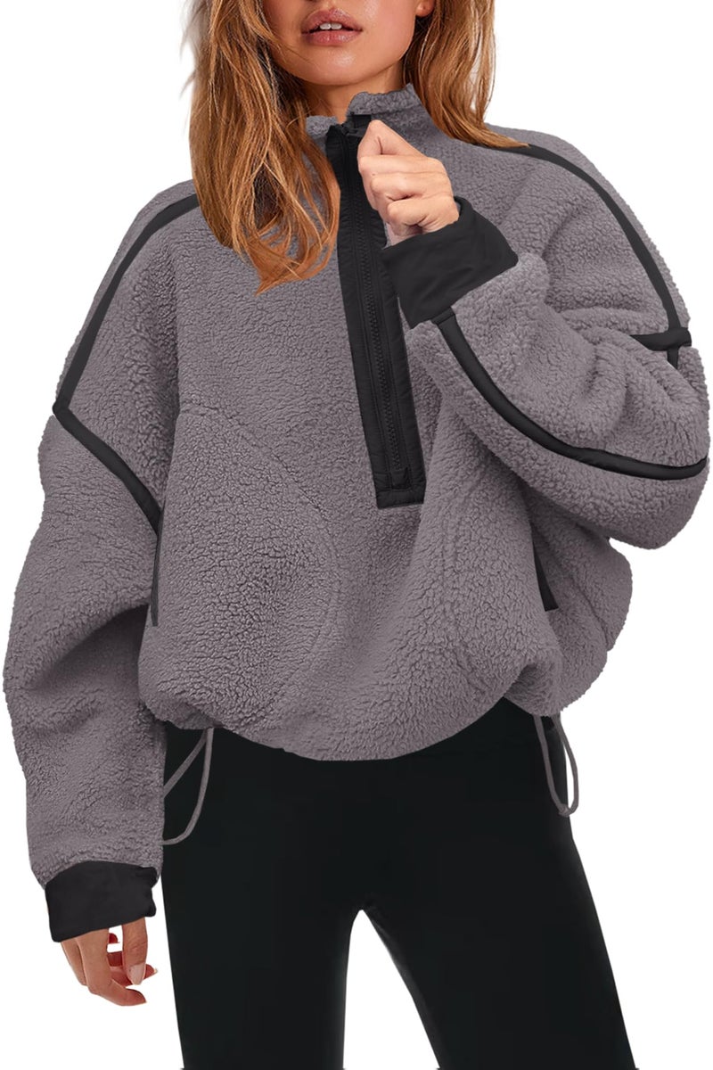 Panadila Womens Half Zip Fleece Pullover Sherpa Jacket Fuzzy Sweater Cozy Sweatshirt with Pockets Winter (Dark Grey,XL) - Image 1