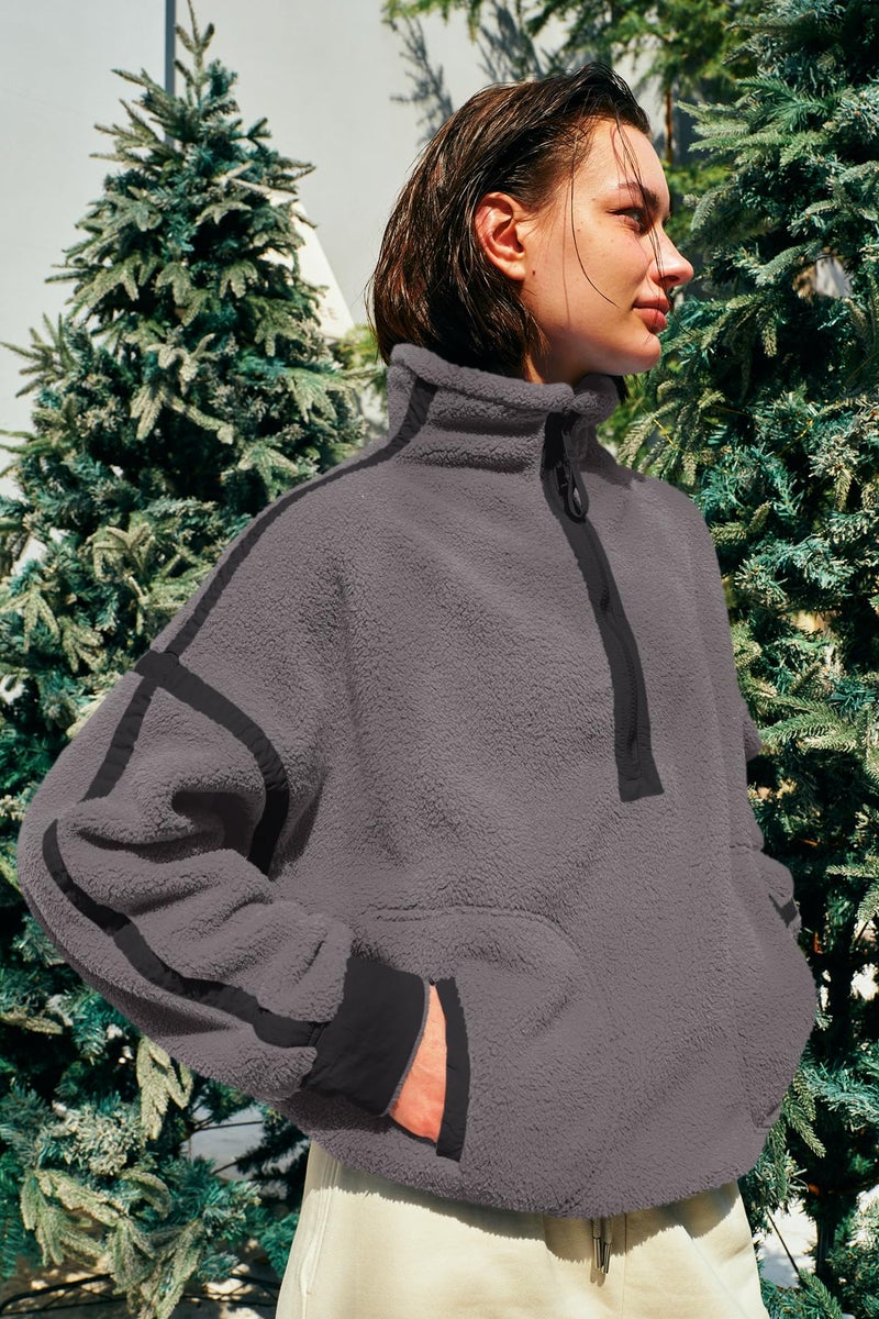 Panadila Womens Half Zip Fleece Pullover Sherpa Jacket Fuzzy Sweater Cozy Sweatshirt with Pockets Winter (Dark Grey,XL) - Image 3