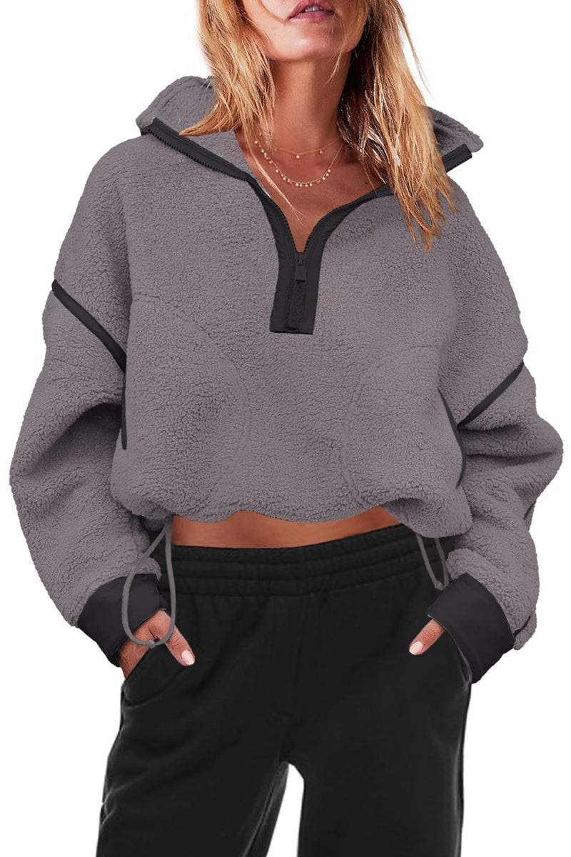 Panadila Womens Half Zip Fleece Pullover Sherpa Jacket Fuzzy Sweater Cozy Sweatshirt with Pockets Winter (Dark Grey,XL) - Image 2