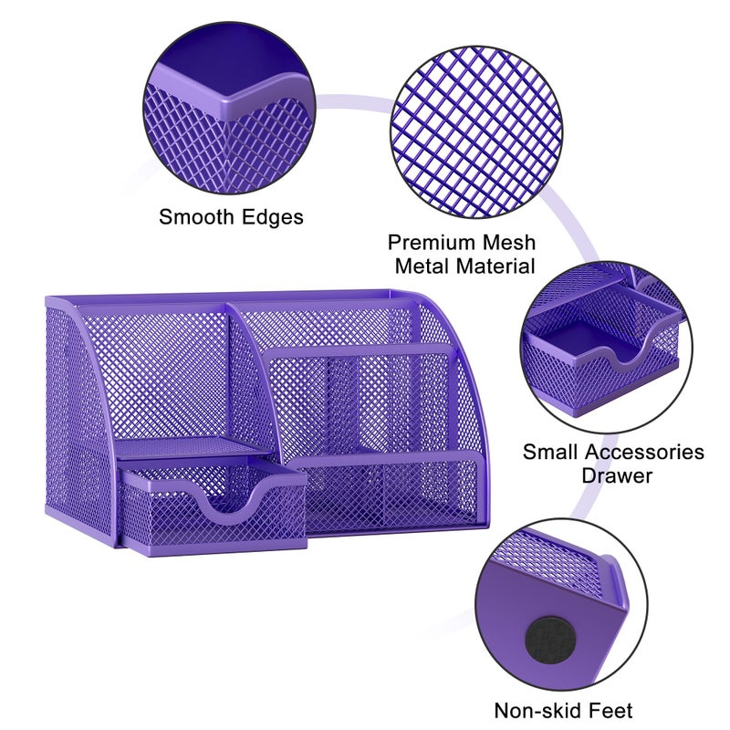 EasyPAG Mesh Desk Organizer with Drawer Multi-functional Pen Holder Stationery Organizer for Office School Supplies 6 Compartments Dorm Organizers and Storage for Desk, Purple - Image 3