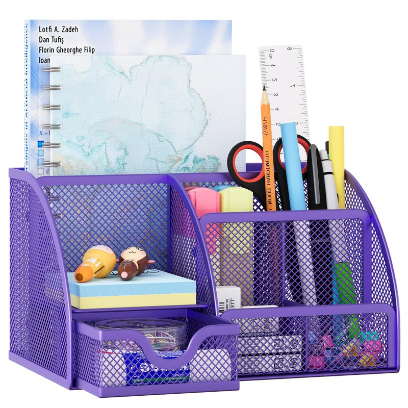 EasyPAG Mesh Desk Organizer with Drawer Multi-functional Pen Holder Stationery Organizer for Office School Supplies 6 Compartments Dorm Organizers and Storage for Desk, Purple - Image 1
