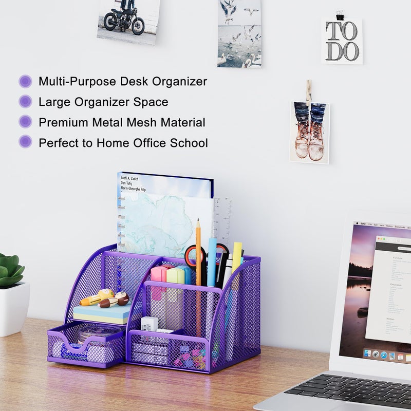 EasyPAG Mesh Desk Organizer with Drawer Multi-functional Pen Holder Stationery Organizer for Office School Supplies 6 Compartments Dorm Organizers and Storage for Desk, Purple - Image 2