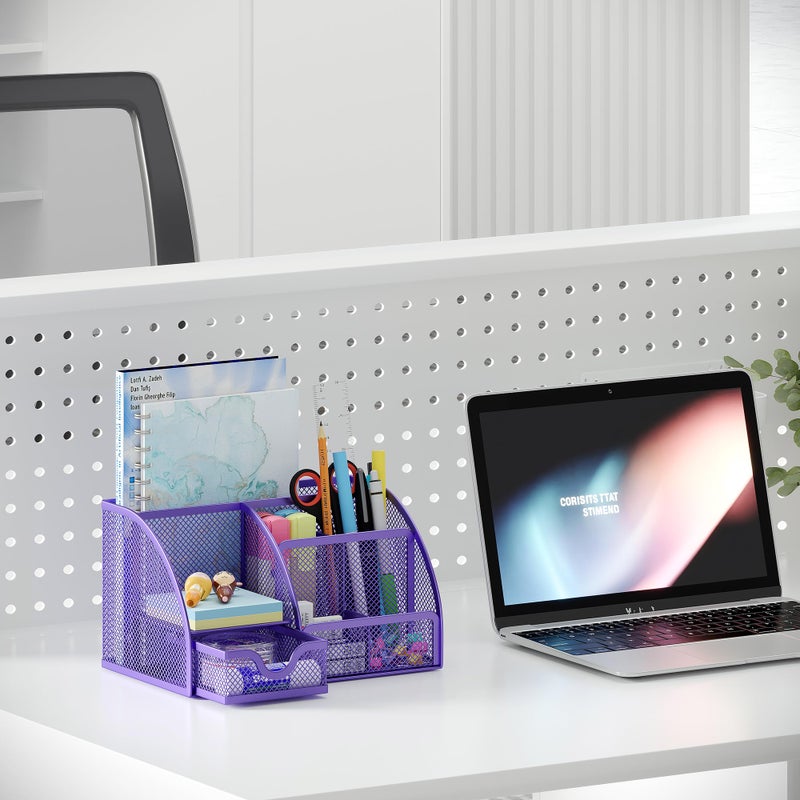 EasyPAG Mesh Desk Organizer with Drawer Multi-functional Pen Holder Stationery Organizer for Office School Supplies 6 Compartments Dorm Organizers and Storage for Desk, Purple - Image 5