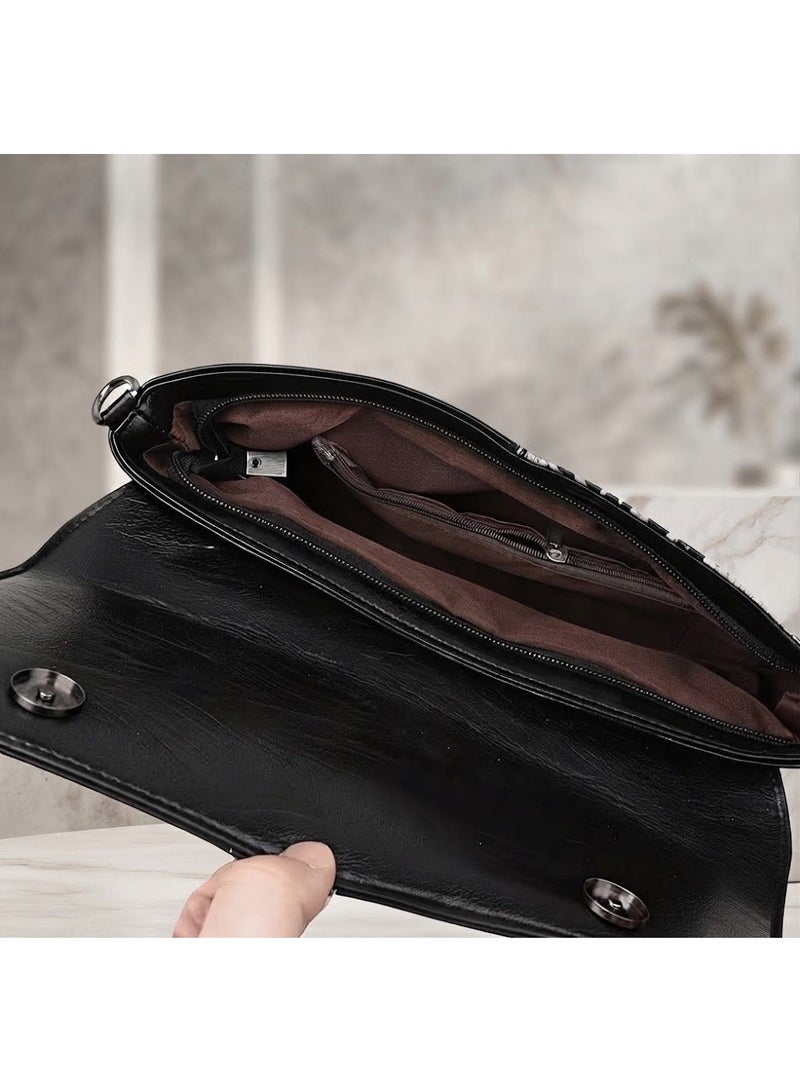 AMYAE Women’s Black Crossbody Bag with Adjustable Strap, Textured PU Leather Design & Zipper Closure - Image 5