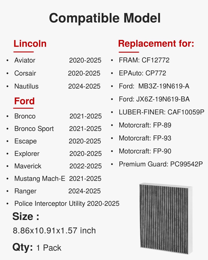 بوروما فلتر هواء المقصورة بوروما مع استبدال الكربون المنشط لـ CF12772 CP772 Ford Bronco Bronco Sport Escape Explorer Maverick Mustang Mach-E Ranger Lincoln Aviator Corsair Nautilus - Image 2