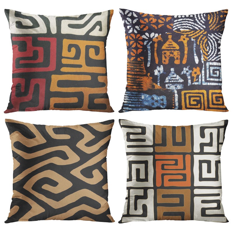 ArtSocket Set of 4 Throw Pillow Covers Orange Tribal Kuba Inspired Earth Colors Geometric Ethnic Black Brown Mud African Decorative Pillow Cases Home Decor Square 18x18 Inches Pillowcases