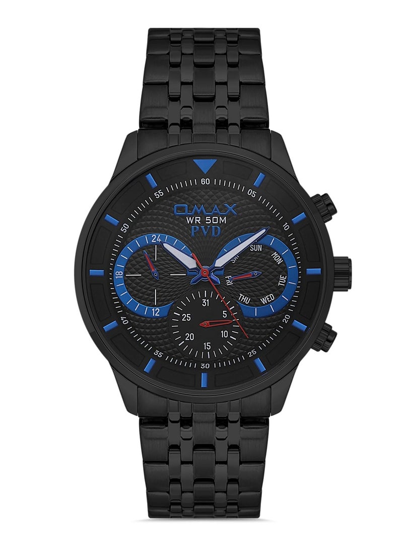 OMAX - Omax Men's Black Luxury Wrist Watch, Watches for Men, Stainless Watches, Steel Band, Blue Chronograph Round Dial, Waterproof Watch, 1 Year Warranty - Image 1