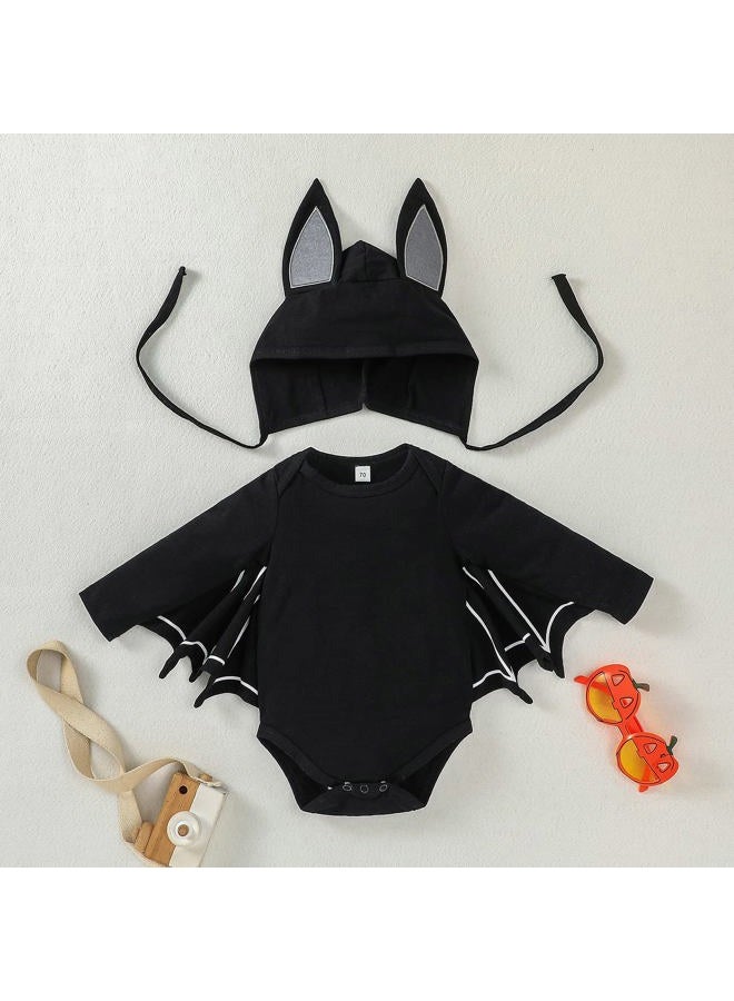 TIMOGG Newborn Baby Boys Girls Halloween Outfit Bat Cosplay Costume Bodysuit Jumpsuit Hooded Clothes, Black, 12-18 Months - Image 2