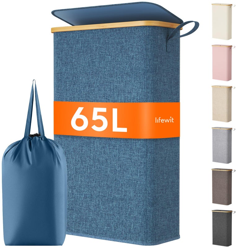 Lifewit 65L Slim Laundry Hamper with Lid Narrow Laundry Basket with Removable Bag Bamboo Handles Fodable Thin Dirty Clothes Hamper for Laundry Collapsible Bin for Bathroom Bedroom Dorm Dark Blue - Image 2