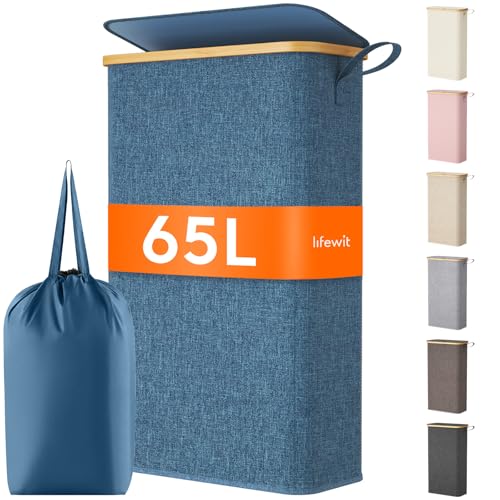 Lifewit 65L Slim Laundry Hamper with Lid Narrow Laundry Basket with Removable Bag Bamboo Handles Fodable Thin Dirty Clothes Hamper for Laundry Collapsible Bin for Bathroom Bedroom Dorm Dark Blue - Image 1