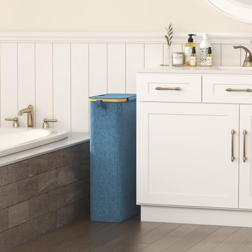 Lifewit 65L Slim Laundry Hamper with Lid Narrow Laundry Basket with Removable Bag Bamboo Handles Fodable Thin Dirty Clothes Hamper for Laundry Collapsible Bin for Bathroom Bedroom Dorm Dark Blue - Image 3