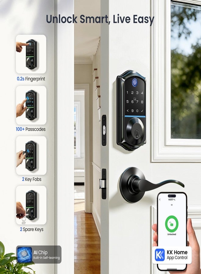 Veise Fingerprint Smart Lock with 2 Lever Handles, Keyless Entry Front Door Lock Set, App Control, Electronic Digital Keypad Deadbolt, Easy Installation, Emergency Power Port, Matte Black - Image 2