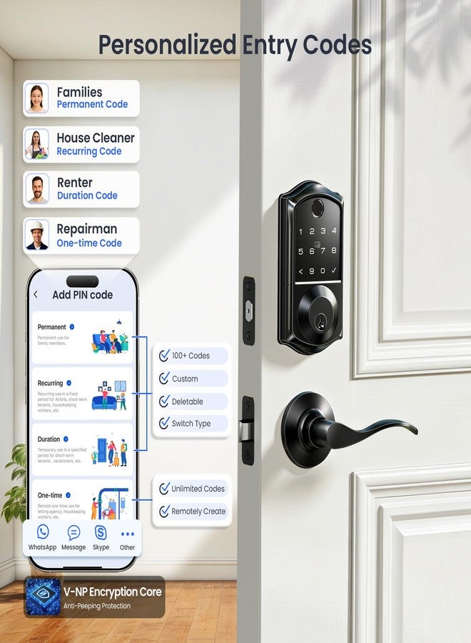 Veise Fingerprint Smart Lock with 2 Lever Handles, Keyless Entry Front Door Lock Set, App Control, Electronic Digital Keypad Deadbolt, Easy Installation, Emergency Power Port, Matte Black - Image 3