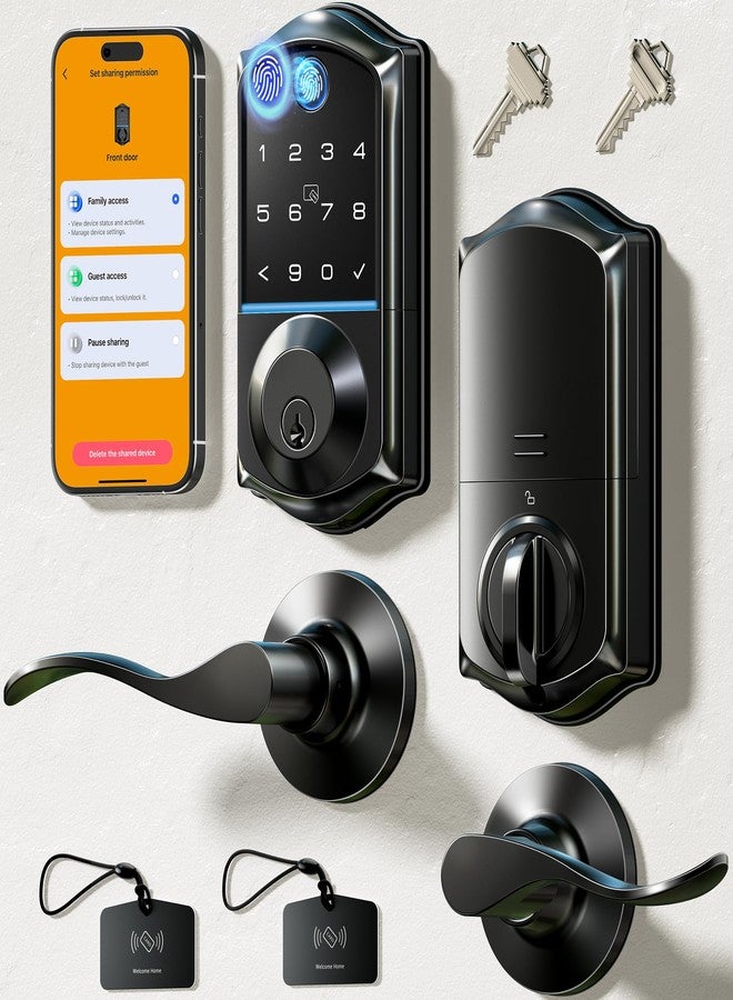 Veise Fingerprint Smart Lock with 2 Lever Handles, Keyless Entry Front Door Lock Set, App Control, Electronic Digital Keypad Deadbolt, Easy Installation, Emergency Power Port, Matte Black - Image 1