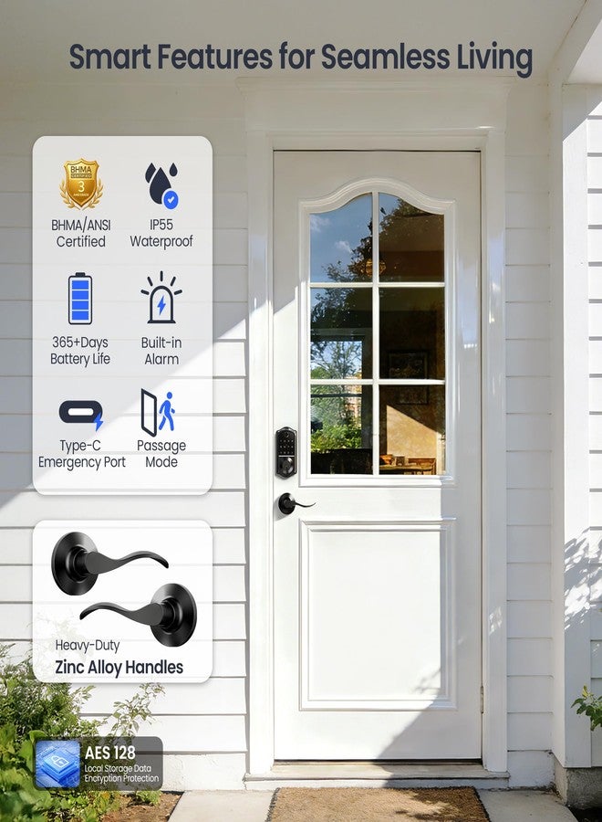 Veise Fingerprint Smart Lock with 2 Lever Handles, Keyless Entry Front Door Lock Set, App Control, Electronic Digital Keypad Deadbolt, Easy Installation, Emergency Power Port, Matte Black - Image 5