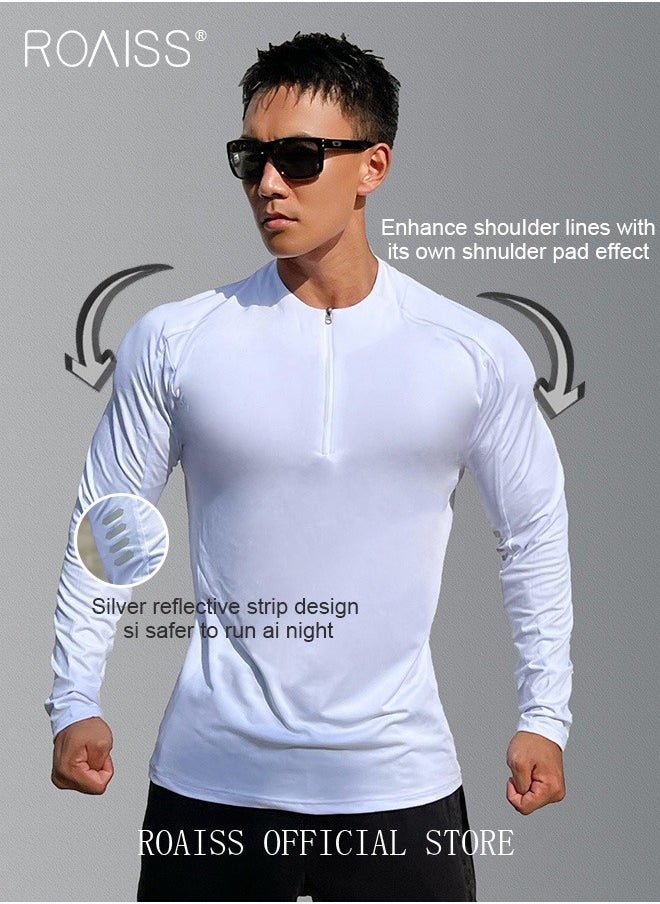 roaiss Men Quick Dry and Breathable Round Neck Sweatshirt with Quarter Zip Long Sleeve Athletic Shirts Slim Fit Top for Running Basketball Workout Gym  - Image 2