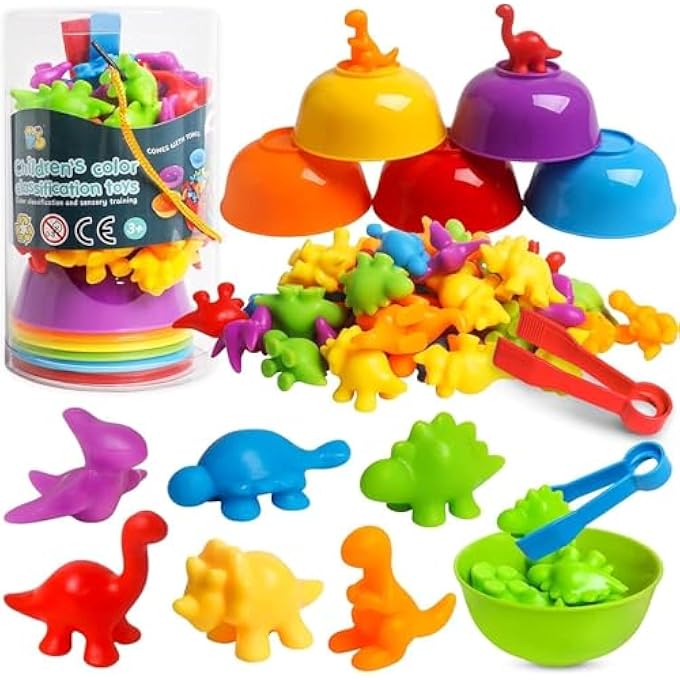 MONTESSORI COUNTING TOYS,58PCS RAINBOW COUNTING DINOSAURS SET WITH MATCHING BOWL DICES AND TWEEZERS,MONTESSORI SORTING TOYS PERFECT MATH SKILLS GAMES EDUCATIONAL TOYS FOR 3 4 5 YEARS OLD - Image 2