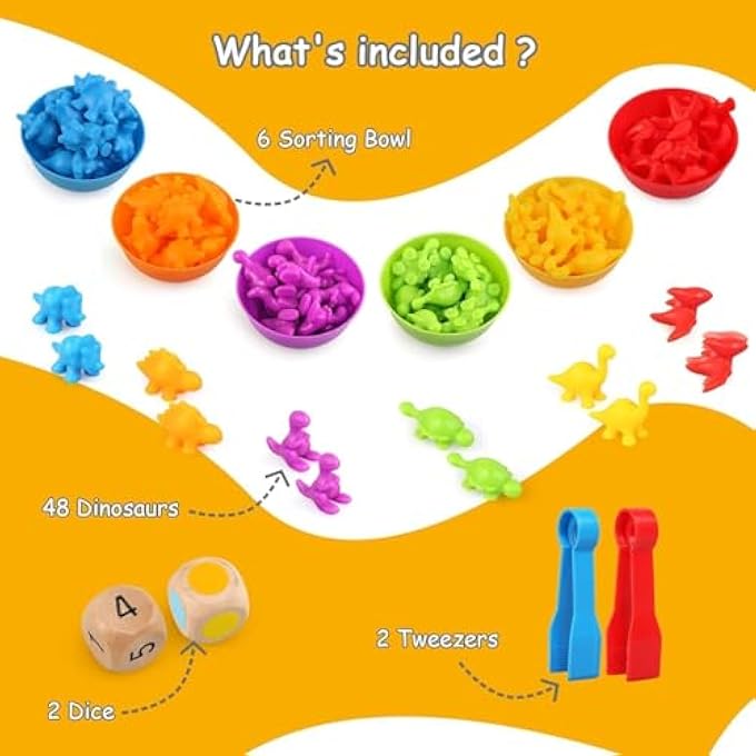 MONTESSORI COUNTING TOYS,58PCS RAINBOW COUNTING DINOSAURS SET WITH MATCHING BOWL DICES AND TWEEZERS,MONTESSORI SORTING TOYS PERFECT MATH SKILLS GAMES EDUCATIONAL TOYS FOR 3 4 5 YEARS OLD - Image 3