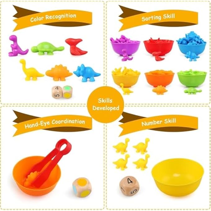 MONTESSORI COUNTING TOYS,58PCS RAINBOW COUNTING DINOSAURS SET WITH MATCHING BOWL DICES AND TWEEZERS,MONTESSORI SORTING TOYS PERFECT MATH SKILLS GAMES EDUCATIONAL TOYS FOR 3 4 5 YEARS OLD - Image 5