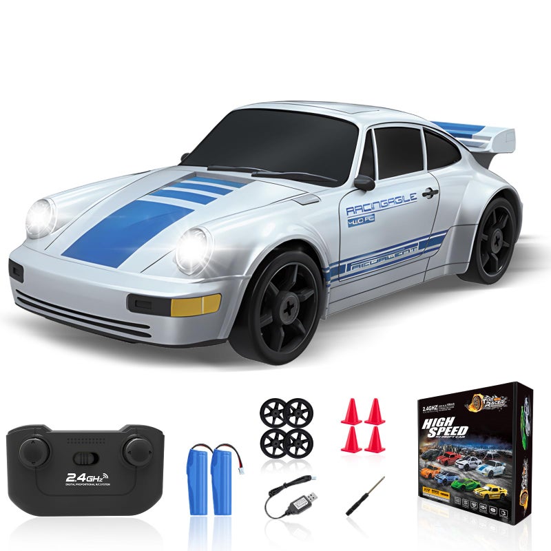 YUAN PLAN RC Drift Car 24GHz Remote Control Car with LED Light 124 4WD High Speed Drifting RC Cars with Two Rechargeable Batteries and Drift Tires Toy Cars for Kids Adults Silver - Image 2