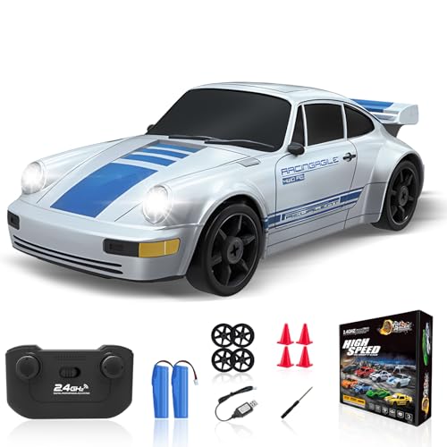 YUAN PLAN RC Drift Car 24GHz Remote Control Car with LED Light 124 4WD High Speed Drifting RC Cars with Two Rechargeable Batteries and Drift Tires Toy Cars for Kids Adults Silver - Image 1
