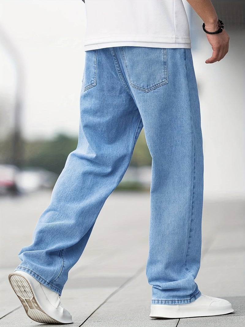 Men'S Casual Wide-Leg Jeans with Diagonal Pockets, Light Wash, Medium Stretch Straight-Leg Design, Regular Length for Casual Attire - Image 3