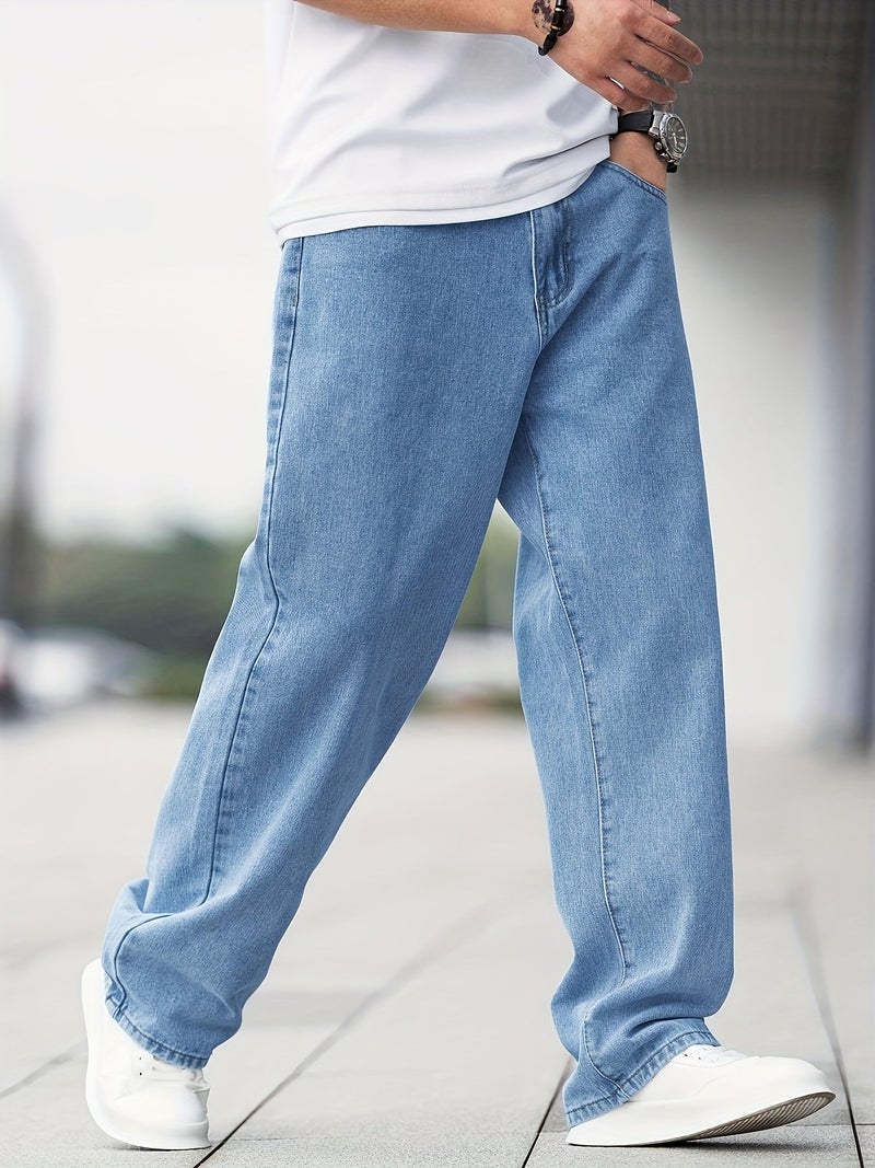 Men'S Casual Wide-Leg Jeans with Diagonal Pockets, Light Wash, Medium Stretch Straight-Leg Design, Regular Length for Casual Attire - Image 5
