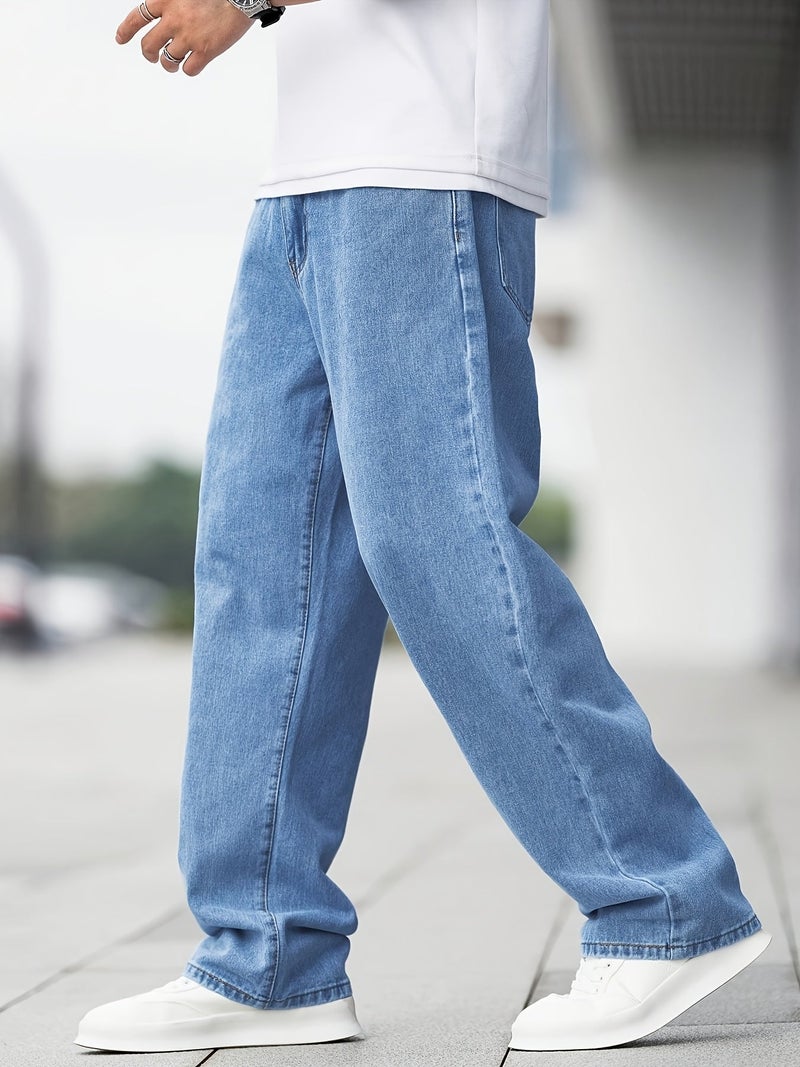 Men'S Casual Wide-Leg Jeans with Diagonal Pockets, Light Wash, Medium Stretch Straight-Leg Design, Regular Length for Casual Attire - Image 2