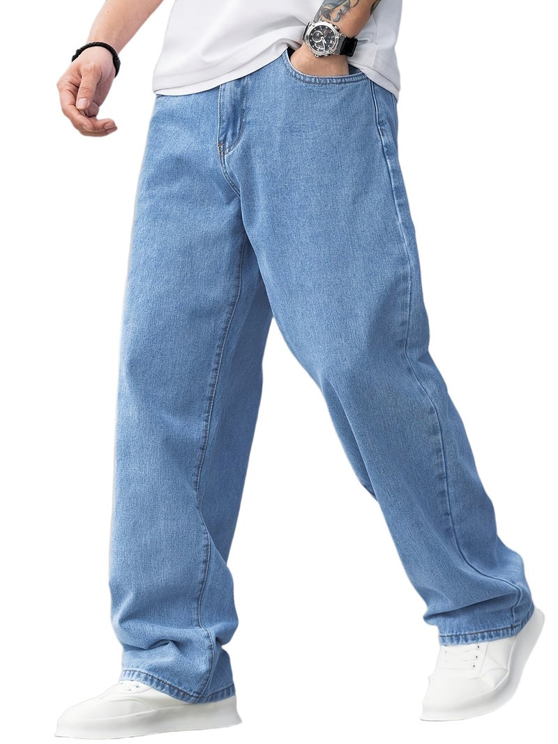 Men'S Casual Wide-Leg Jeans with Diagonal Pockets, Light Wash, Medium Stretch Straight-Leg Design, Regular Length for Casual Attire - Image 1