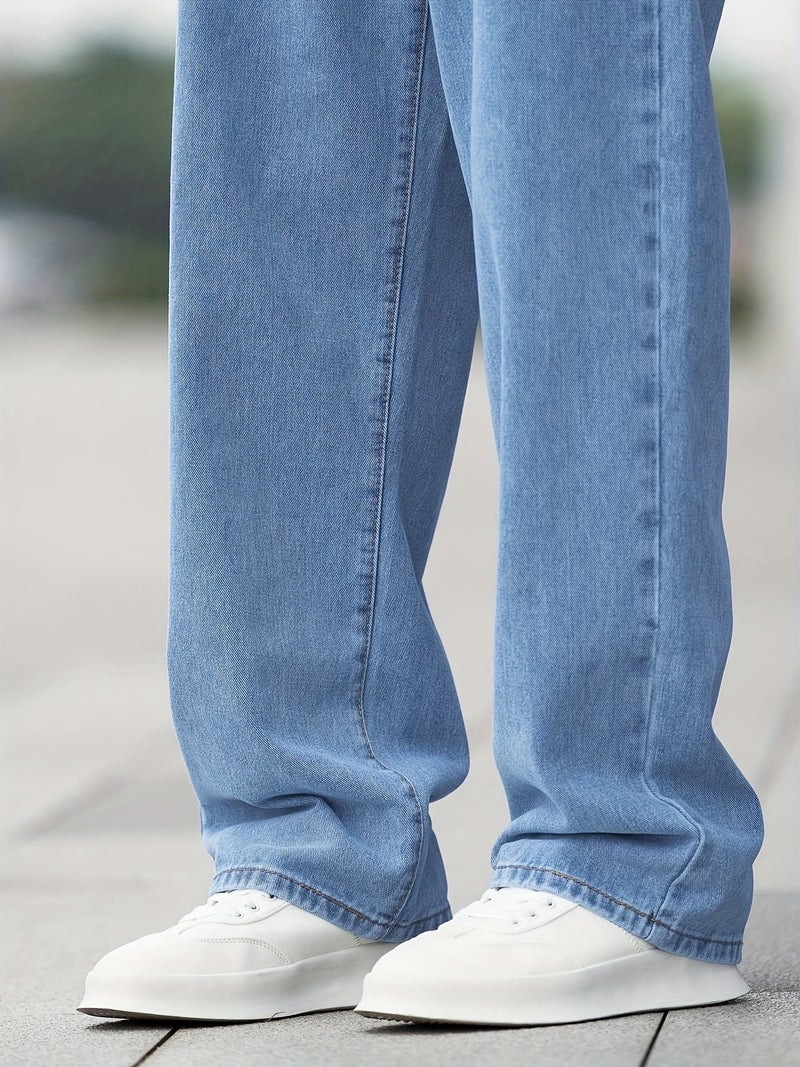 Men'S Casual Wide-Leg Jeans with Diagonal Pockets, Light Wash, Medium Stretch Straight-Leg Design, Regular Length for Casual Attire - Image 4