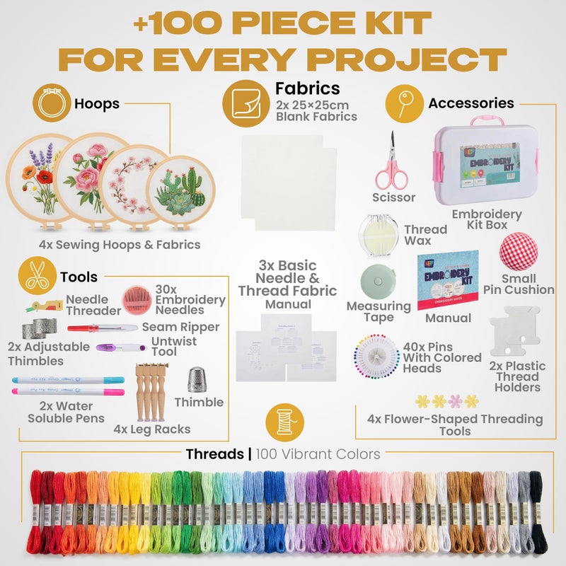 KEFF Craft Embroidery Kit for Beginners - 100 Embroidery Thread Colors, 4 Hoops, Scissors, Needles, Pins, Blank Fabrics & Tools â€“ Cross Stitch Supplies, Cross Stitch Kits, Arts and Crafts for Adults - Image 2