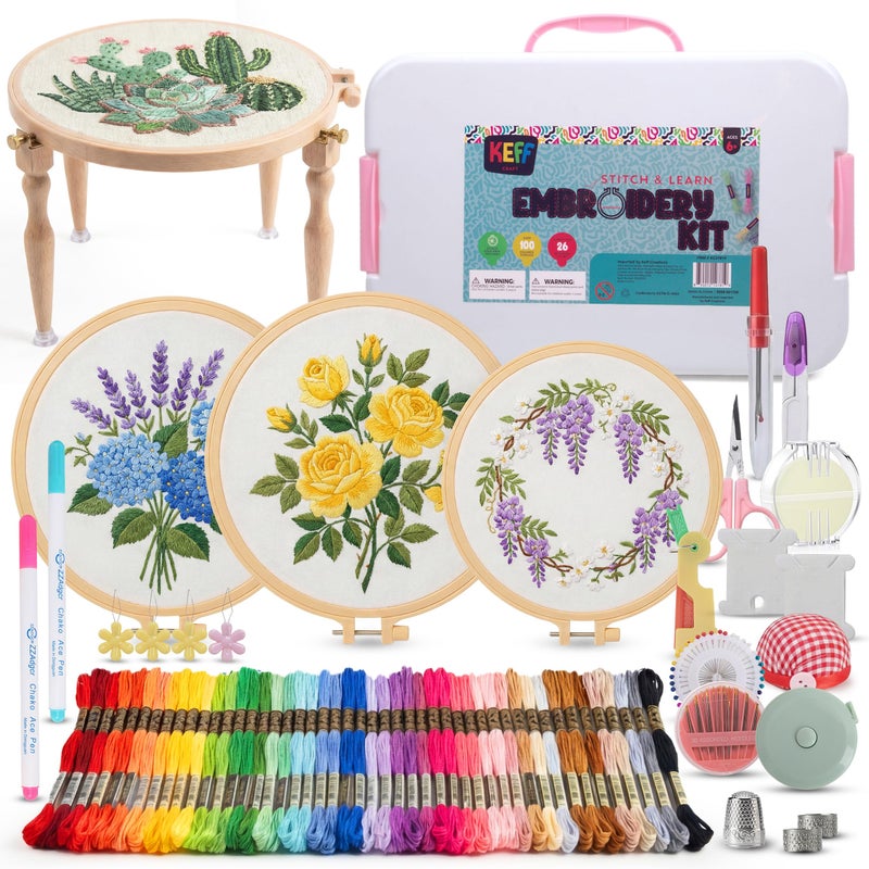KEFF Craft Embroidery Kit for Beginners - 100 Embroidery Thread Colors, 4 Hoops, Scissors, Needles, Pins, Blank Fabrics & Tools â€“ Cross Stitch Supplies, Cross Stitch Kits, Arts and Crafts for Adults - Image 1