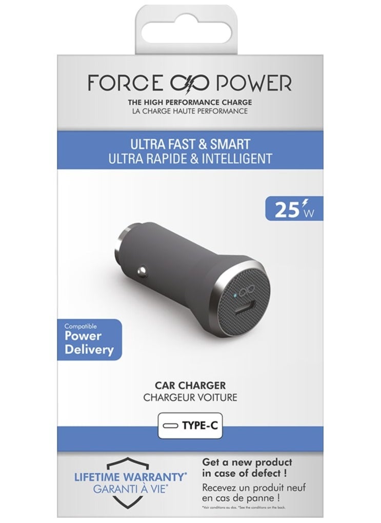 FORCE - Force Power 25W USB C PD Power Delivery Car Charger Lifetime Warranty Gray - Image 1