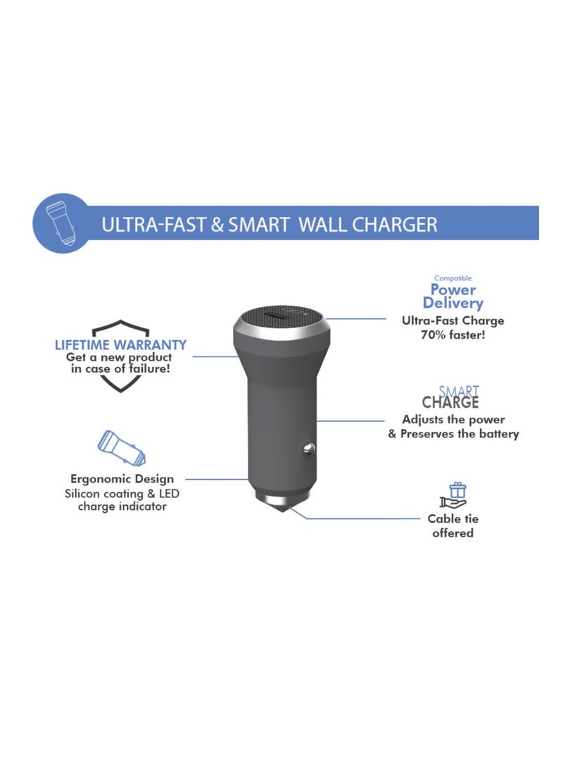FORCE - Force Power 25W USB C PD Power Delivery Car Charger Lifetime Warranty Gray - Image 1