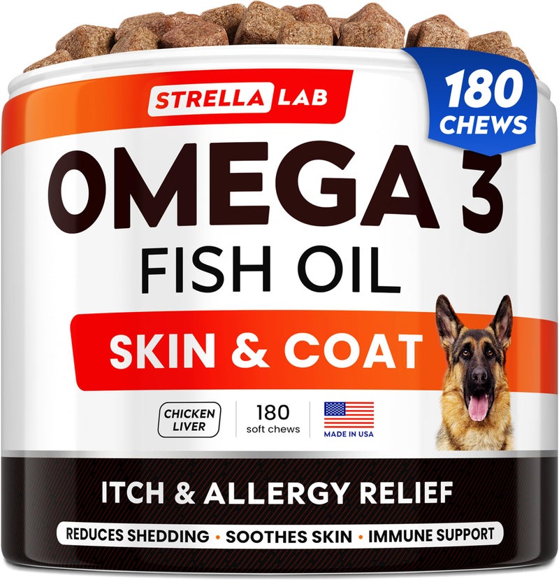 StrellaLab Fish Oil Omega 3 Treats for Dogs (180 Treats) - Allergy & Itch Relief - Skin & Coat Supplement - Joint Health - Wild Alaskan Salmon Oil - Shedding, Itchy Skin Relief - Omega 3 6 9 - EPA&DHA - Image 1