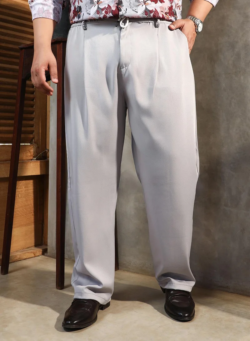 Instafab Plus Instafab Plus Men's Cloud Grey Straight Pleated Trousers For Casual Wear | Mid-Rise | Straight Fit | Drawstring Closure | Plus Size Trousers Crafted With Comfort Fit For Everyday Wear