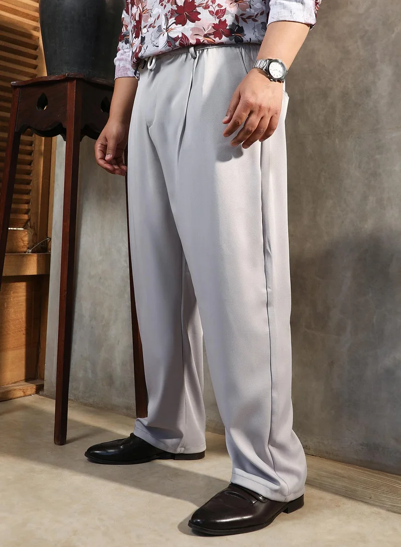 Instafab Plus  Instafab Plus Men's Cloud Grey Straight Pleated Trousers For Casual Wear | Mid-Rise | Straight Fit | Drawstring Closure | Plus Size Trousers Crafted With Comfort Fit For Everyday Wear for Men | Best Price UAE