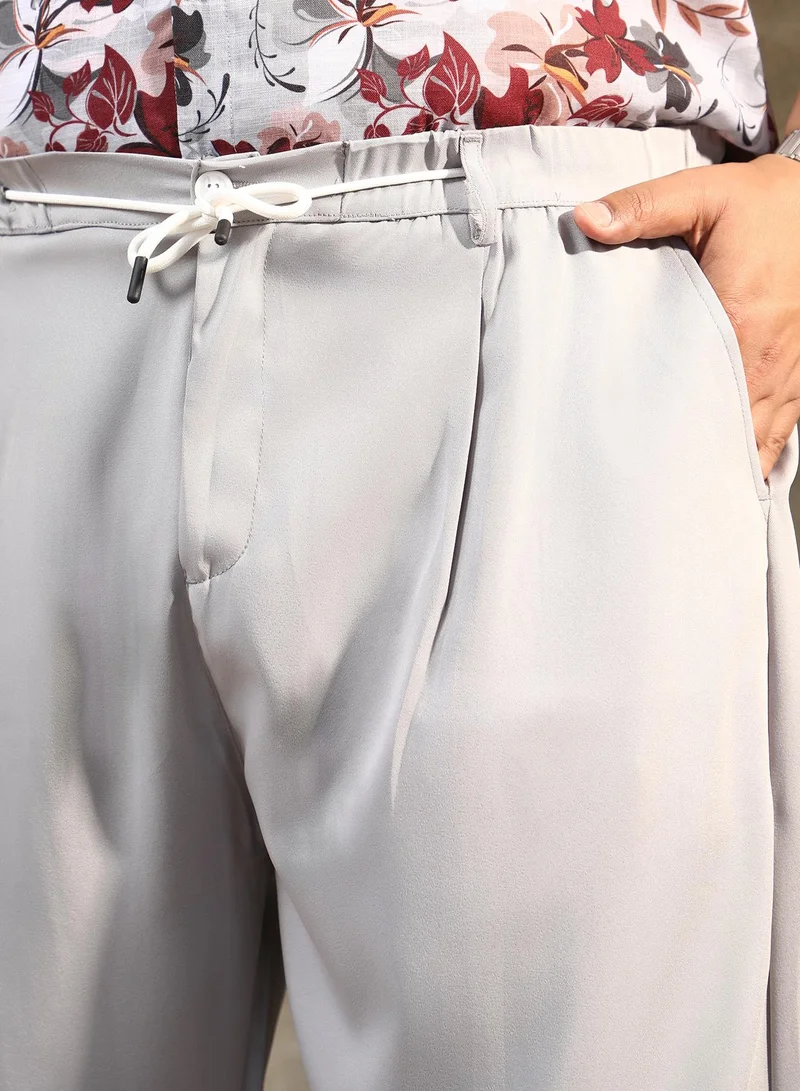 Instafab Plus  Instafab Plus Men's Cloud Grey Straight Pleated Trousers For Casual Wear | Mid-Rise | Straight Fit | Drawstring Closure | Plus Size Trousers Crafted With Comfort Fit For Everyday Wear for Men | Best Price UAE