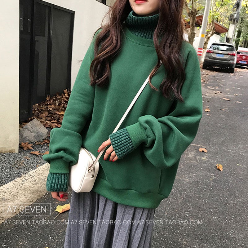 Thick Fleece Hoodie Women Autumn Winter Korean Trendy Loose High Neck Sweater Coat Black  - Image 2