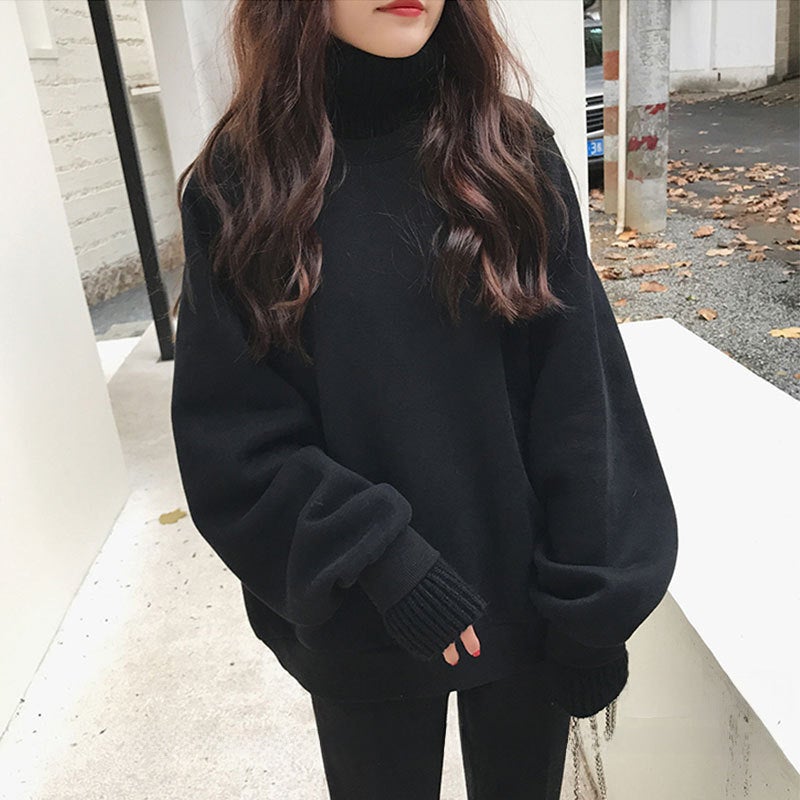Thick Fleece Hoodie Women Autumn Winter Korean Trendy Loose High Neck Sweater Coat Black  - Image 5