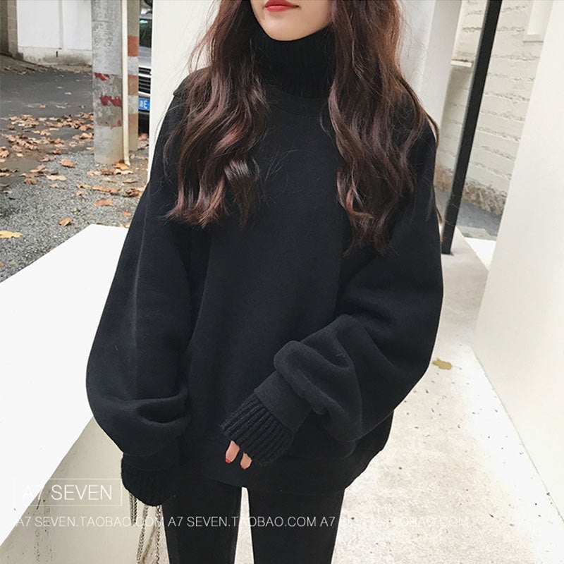 Thick Fleece Hoodie Women Autumn Winter Korean Trendy Loose High Neck Sweater Coat Black  - Image 1