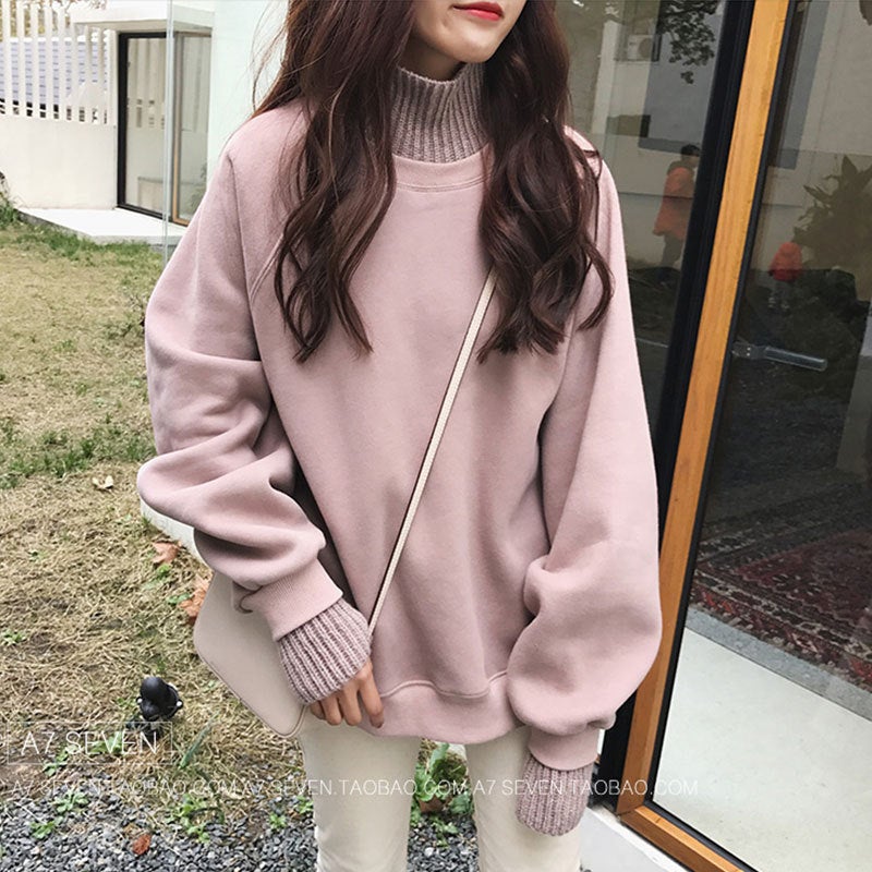 Thick Fleece Hoodie Women Autumn Winter Korean Trendy Loose High Neck Sweater Coat Black  - Image 3