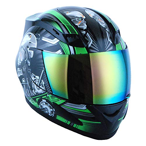 1Storm Motorcycle Bike Full FACE Helmet Mechanic Skull Green - Image 2